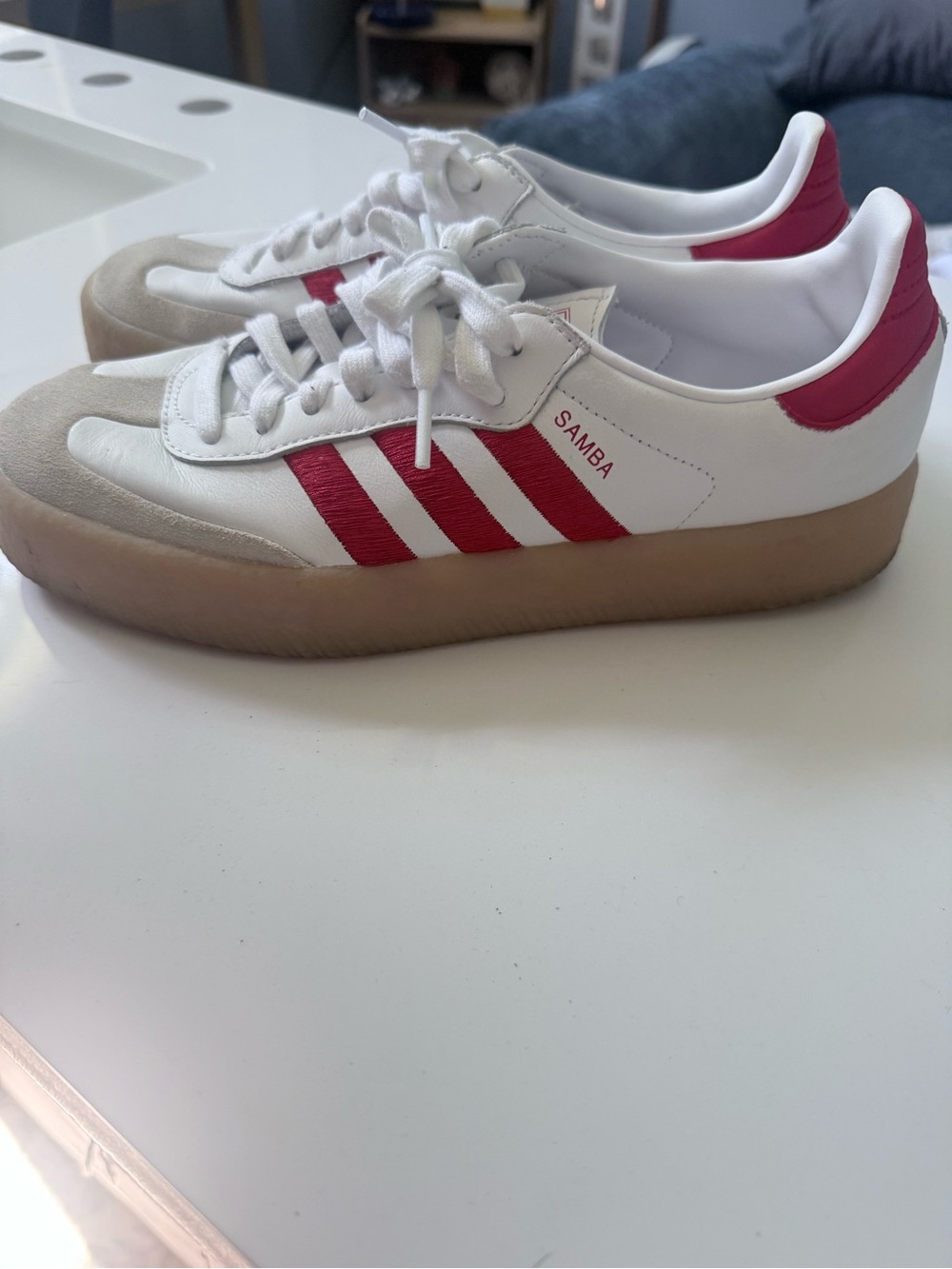 Adidas Sambae Red Scarlet and White Gum Platform Sneakers - White with Red